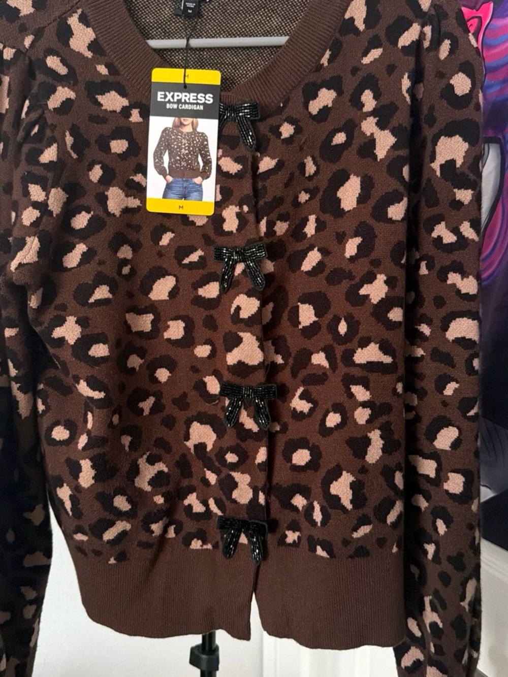 Express Brown Leopard-Print Bow Cardigan Jacket